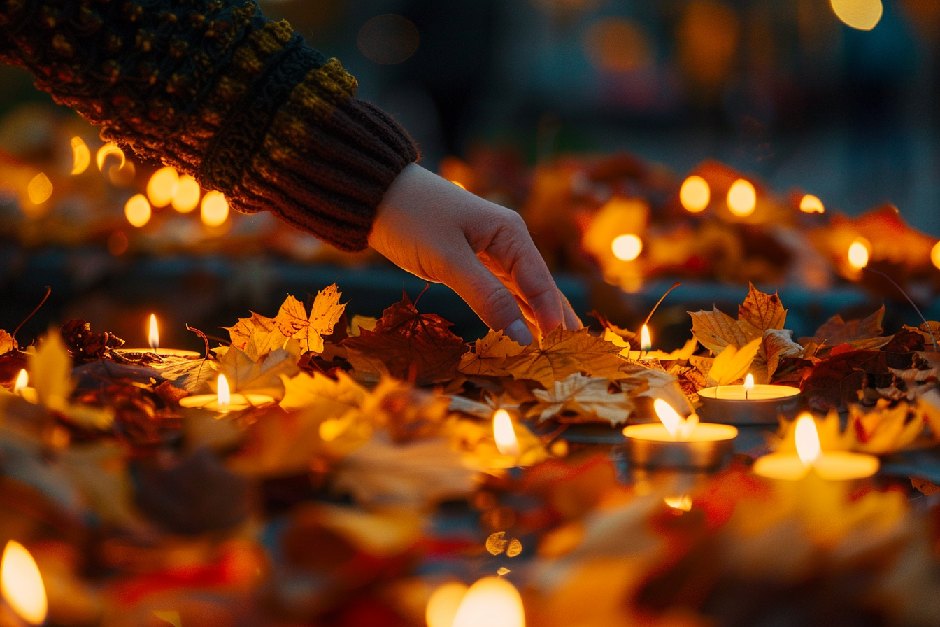 Image gratuite Main sur cercueil avec feuilles d&rsquo;automne 1