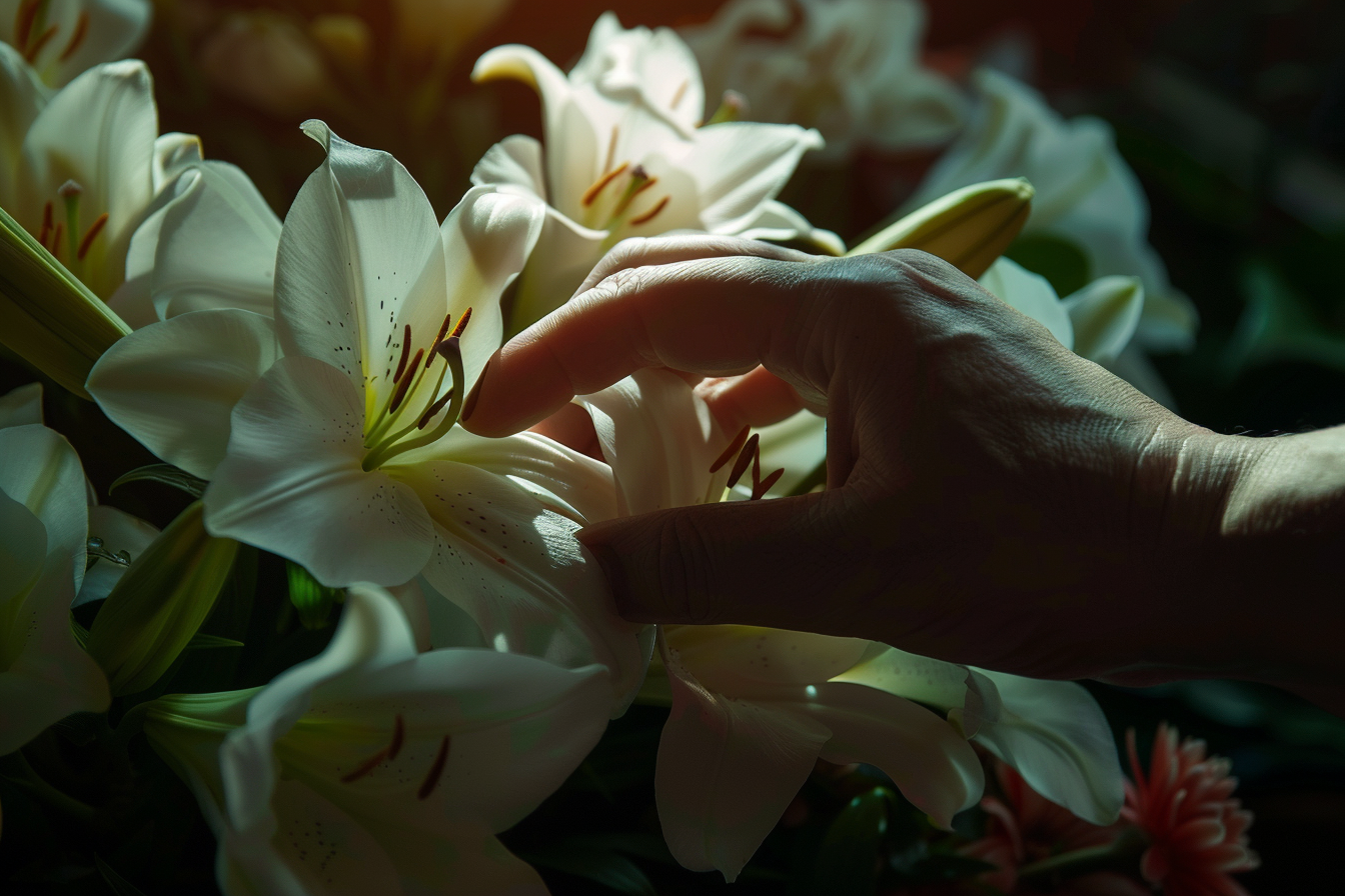 Image gratuite Main sur un cercueil avec lys 1