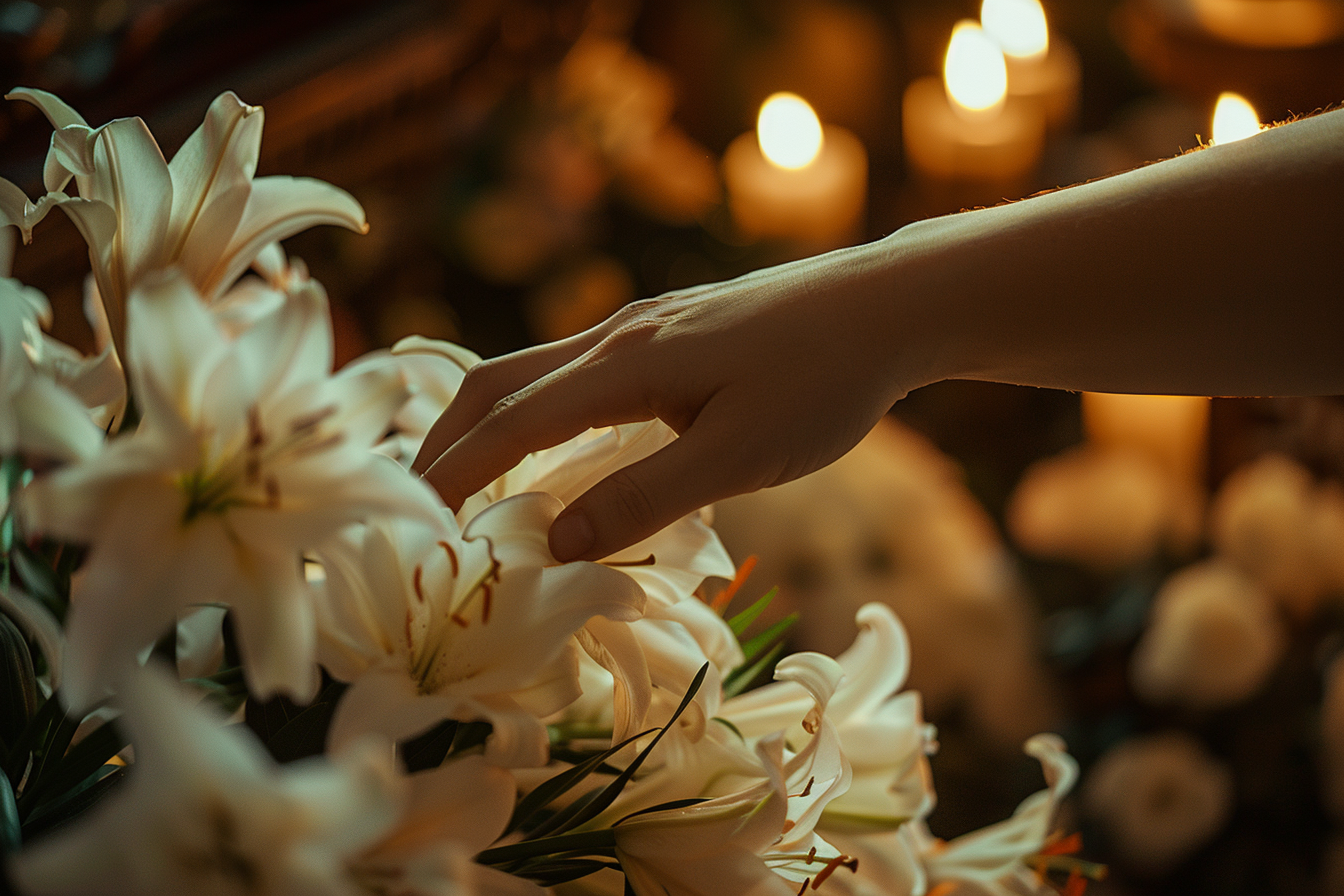 Image gratuite Main sur un cercueil avec lys 2