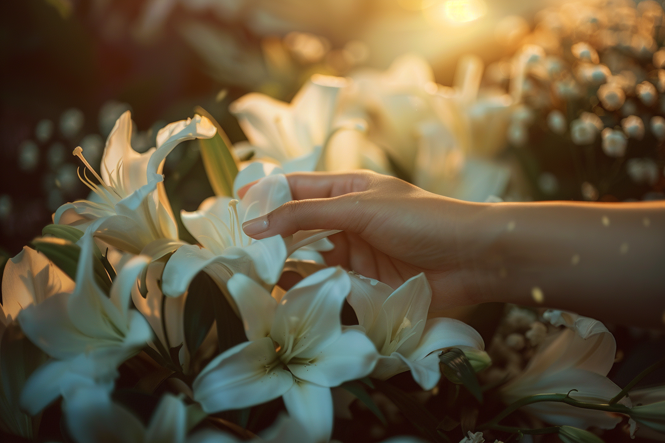 Image gratuite Main sur un cercueil avec lys 3