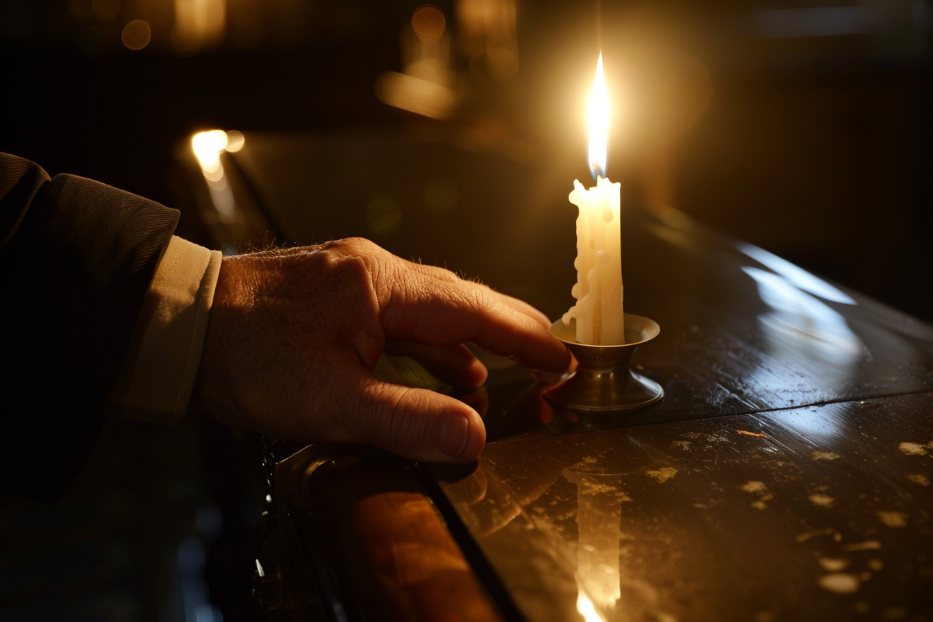 Image gratuite Main tenant un bougeoir devant un cercueil poli 1
