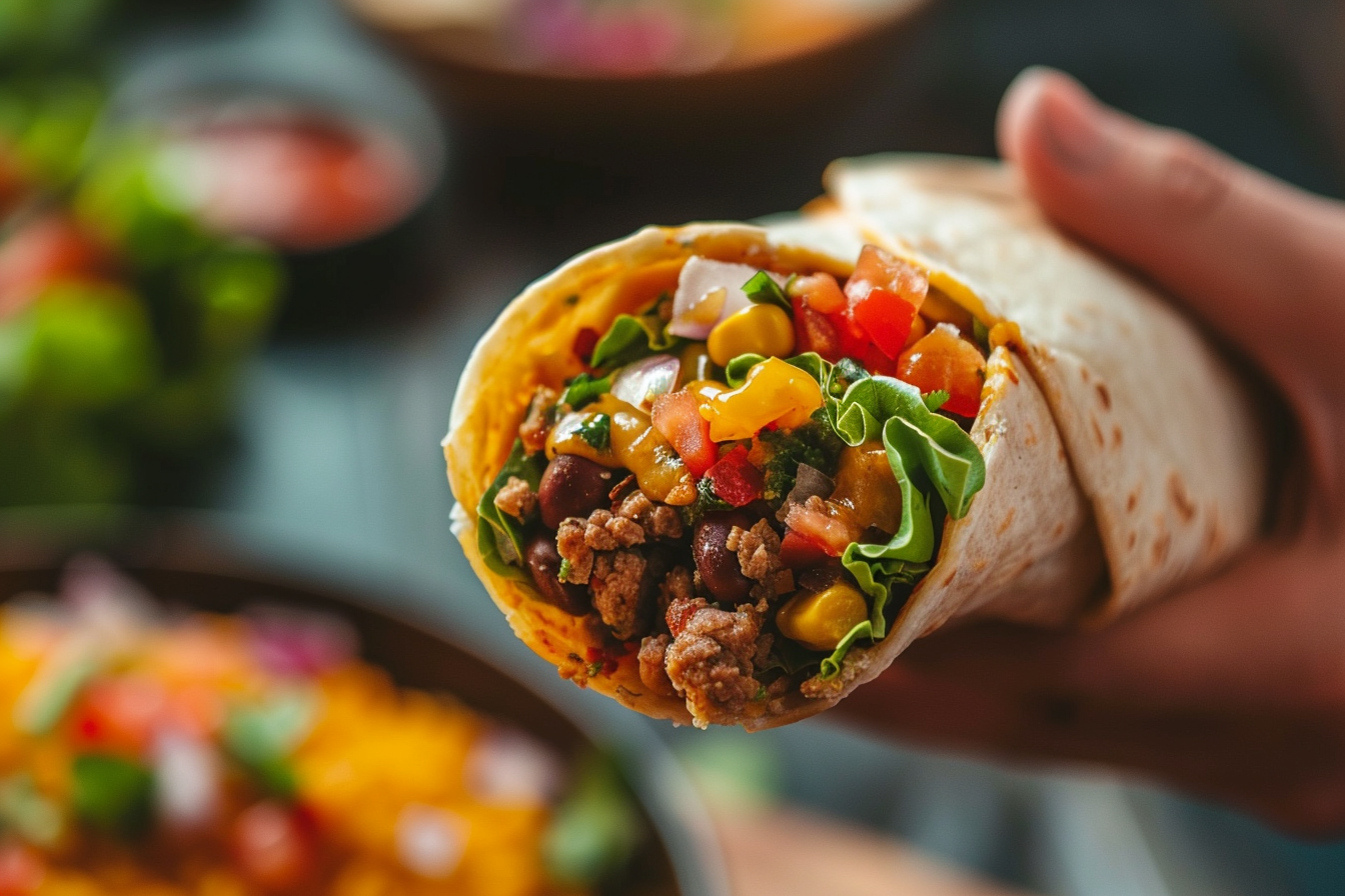 Image gratuite Main tenant un burrito avec des garnitures colorées 1