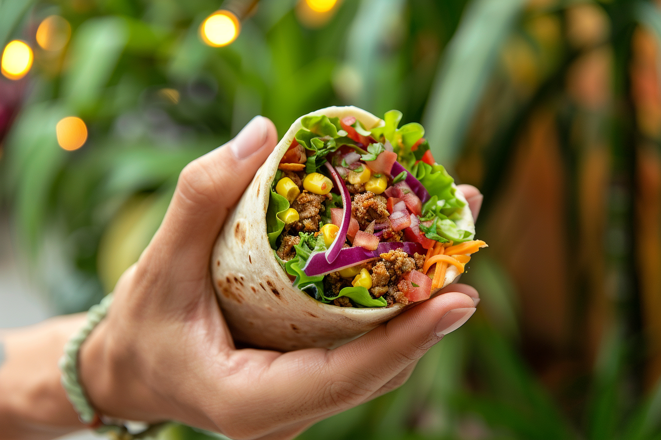 Image gratuite Main tenant un burrito avec des garnitures colorées 2