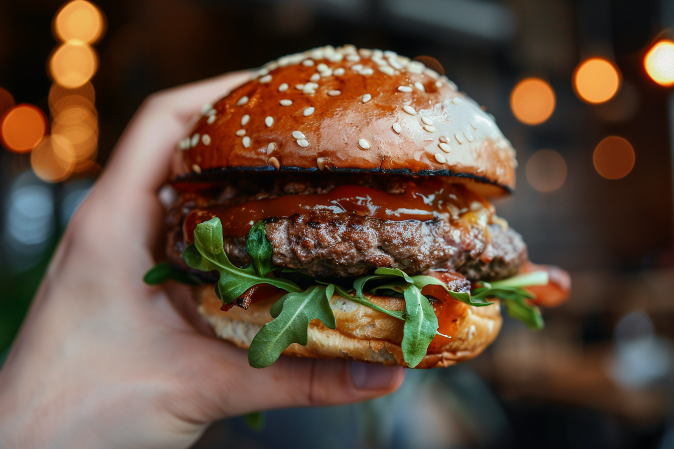 Image gratuite Main tenant un hamburger juteux 1