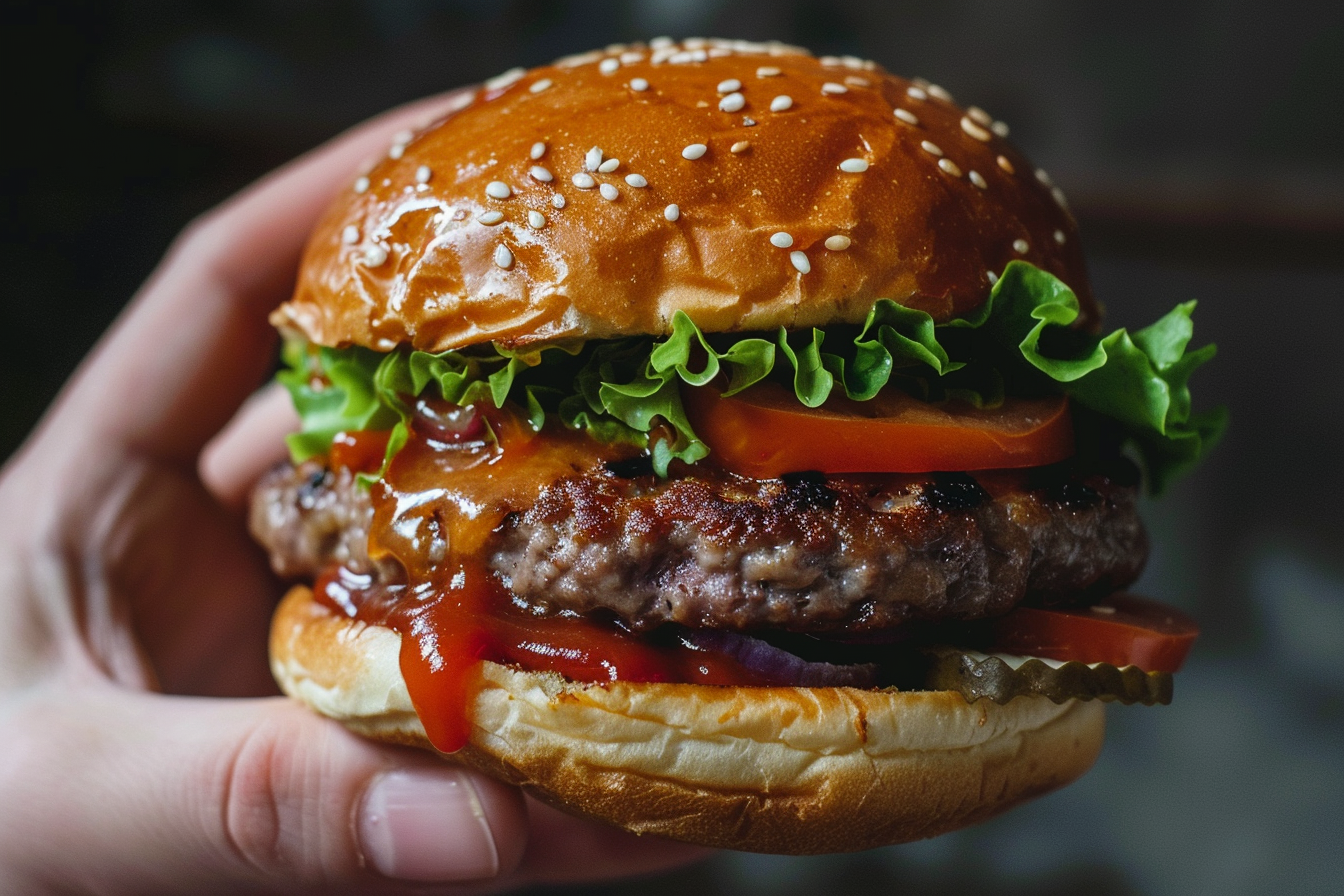 Image gratuite Main tenant un hamburger juteux 2