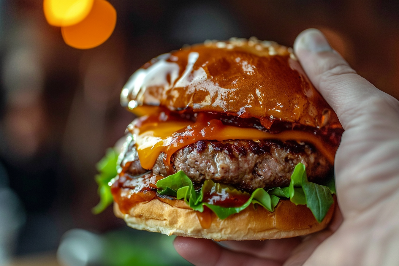 Image gratuite Main tenant un hamburger juteux 3