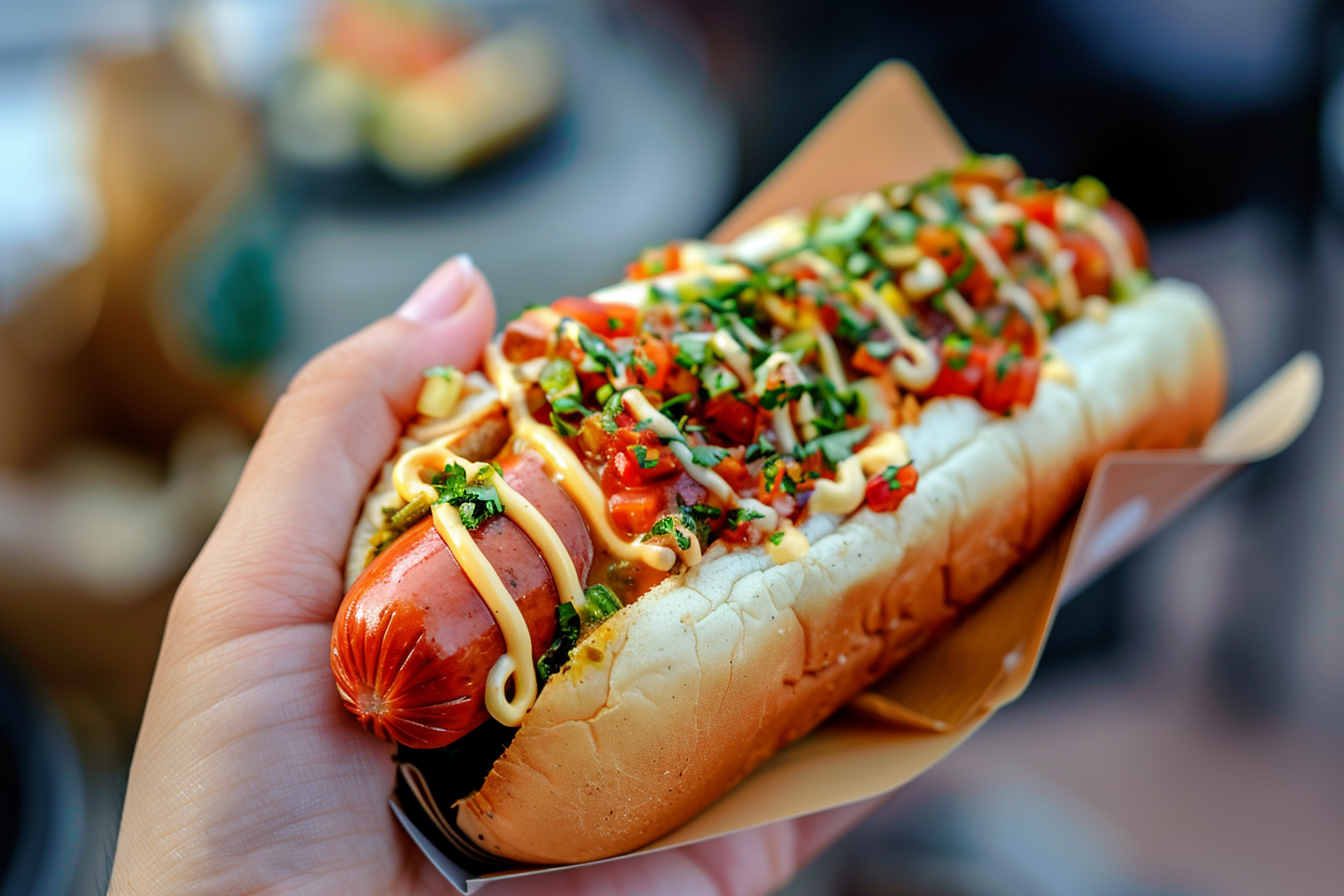 Image gratuite Main tenant un hot-dog avec garnitures 1