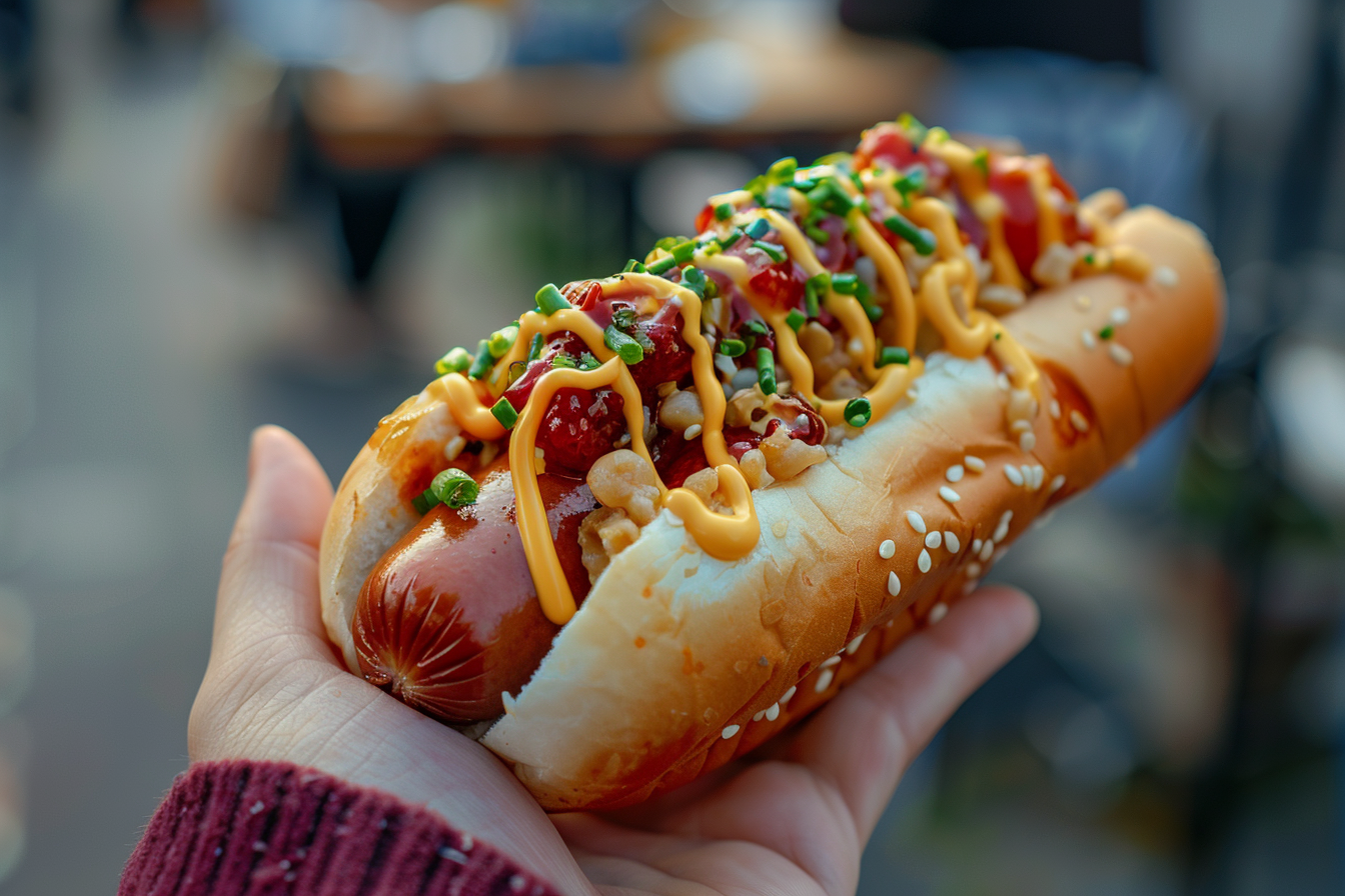 Image gratuite Main tenant un hot-dog avec garnitures 2
