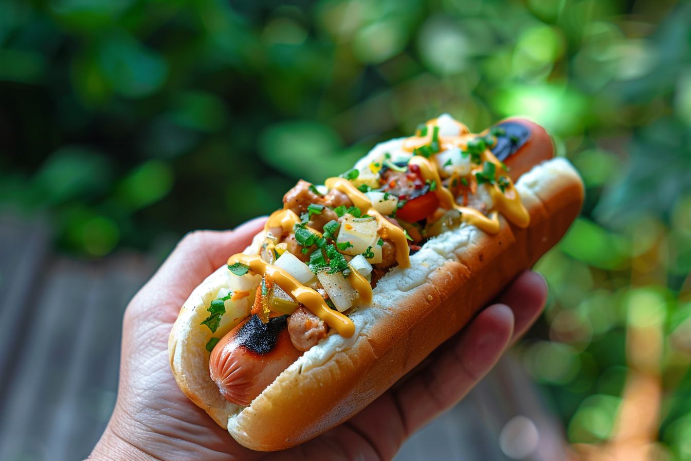 Image gratuite Main tenant un hot-dog avec garnitures 3