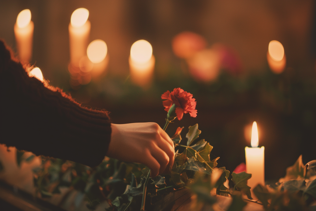 Image gratuite Main tenant un œillet devant un cercueil avec feuilles de lierre 1