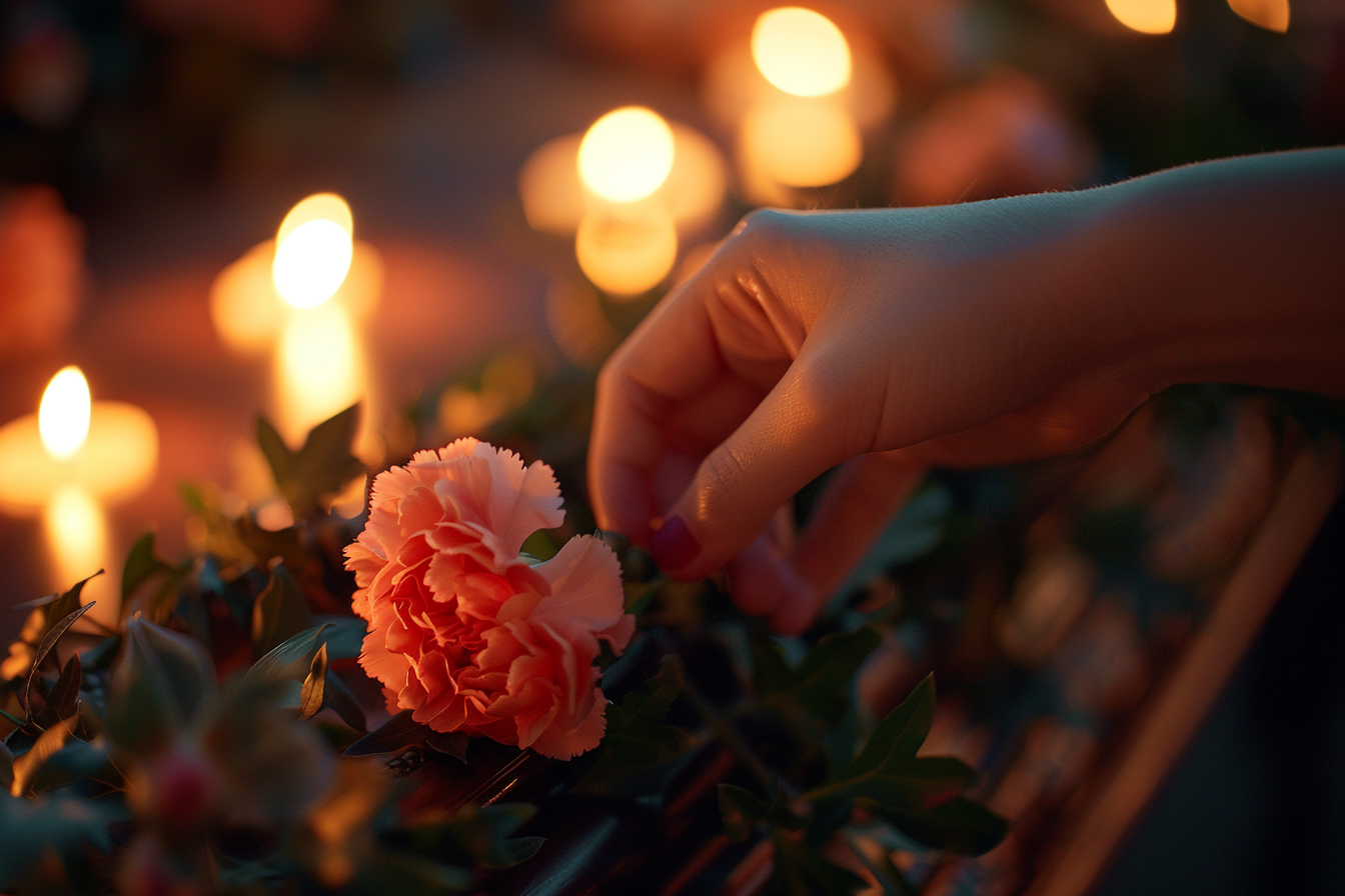 Image gratuite Main tenant un œillet devant un cercueil avec feuilles de lierre 2