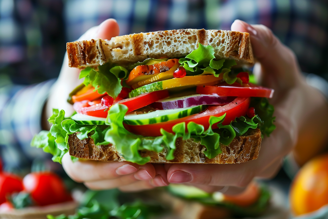 Image gratuite Main tenant un sandwich avec des légumes frais 1