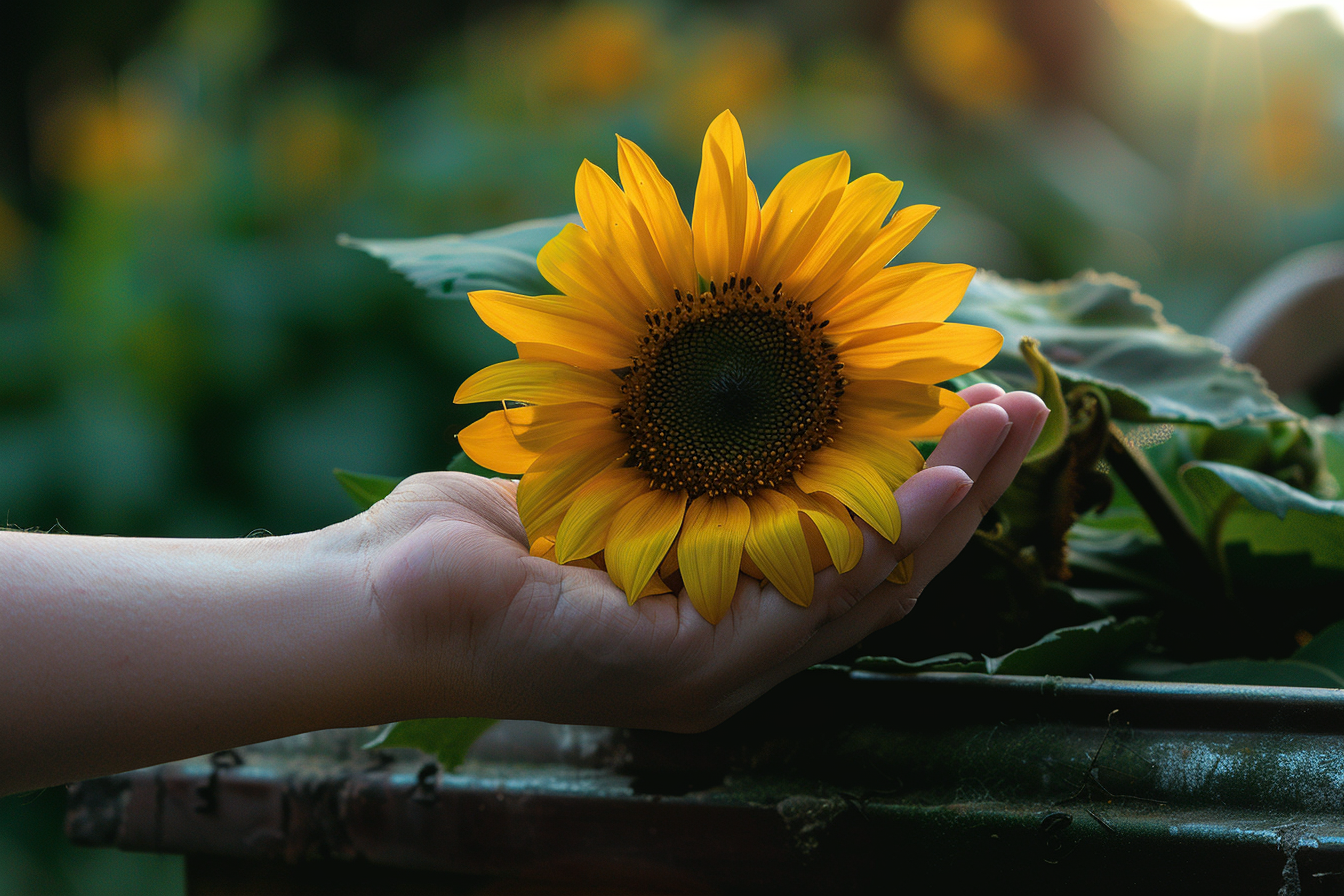 Image gratuite Main tenant un tournesol devant un cercueil 1
