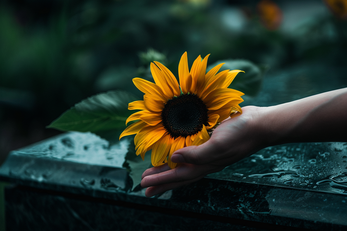 Image gratuite Main tenant un tournesol devant un cercueil 2