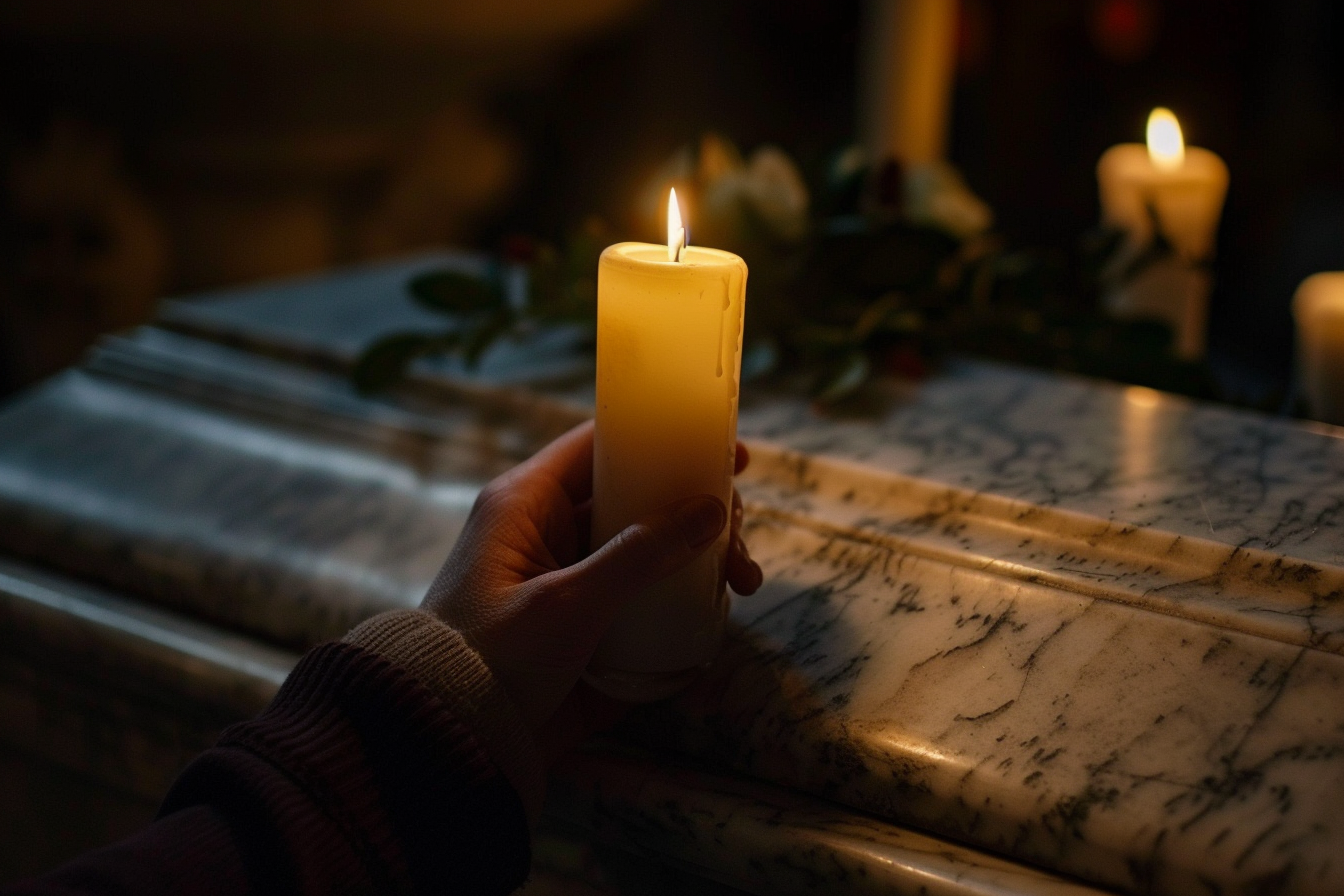 Image gratuite Main tenant une bougie allumée devant un cercueil en marbre 1