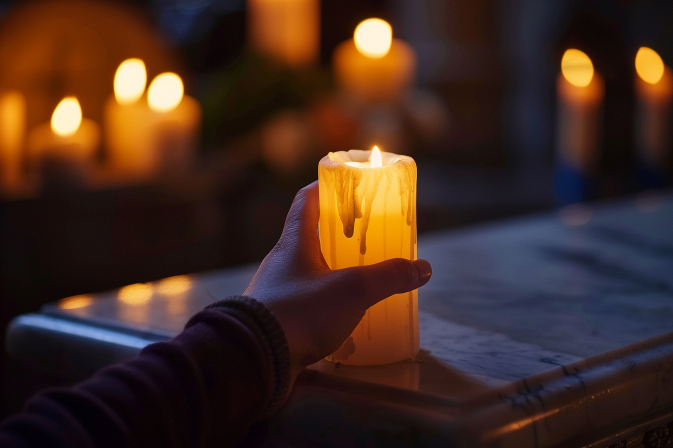 Image gratuite Main tenant une bougie allumée devant un cercueil en marbre 2