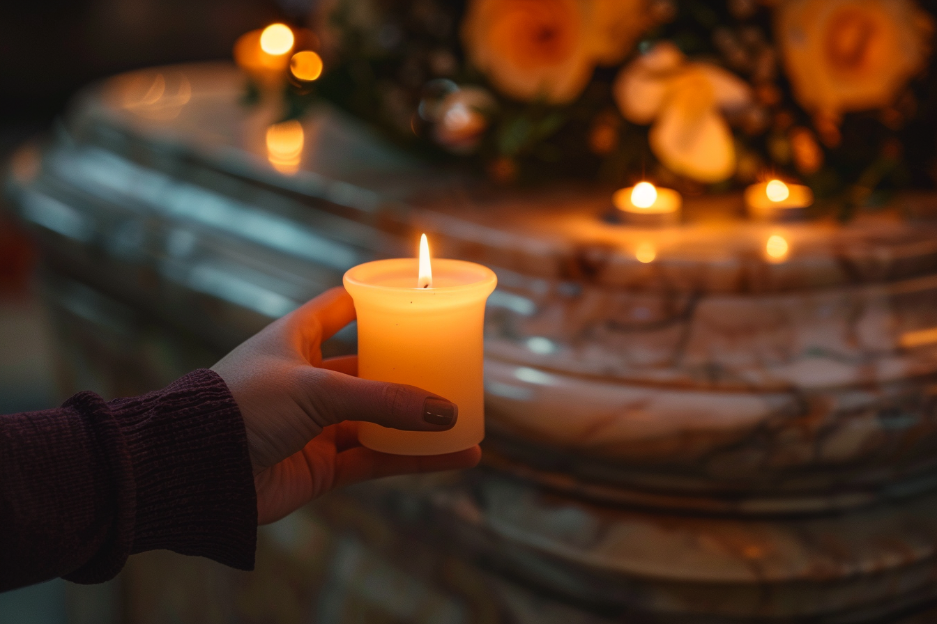 Image gratuite Main tenant une bougie allumée devant un cercueil en marbre 4