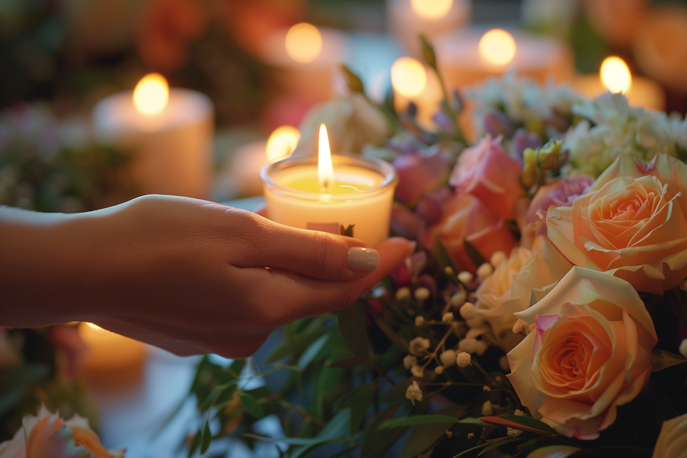 Image gratuite Main tenant une bougie allumée devant un cercueil fermé 1