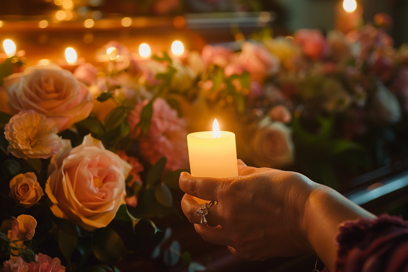 Image gratuite Main tenant une bougie allumée devant un cercueil fermé 2