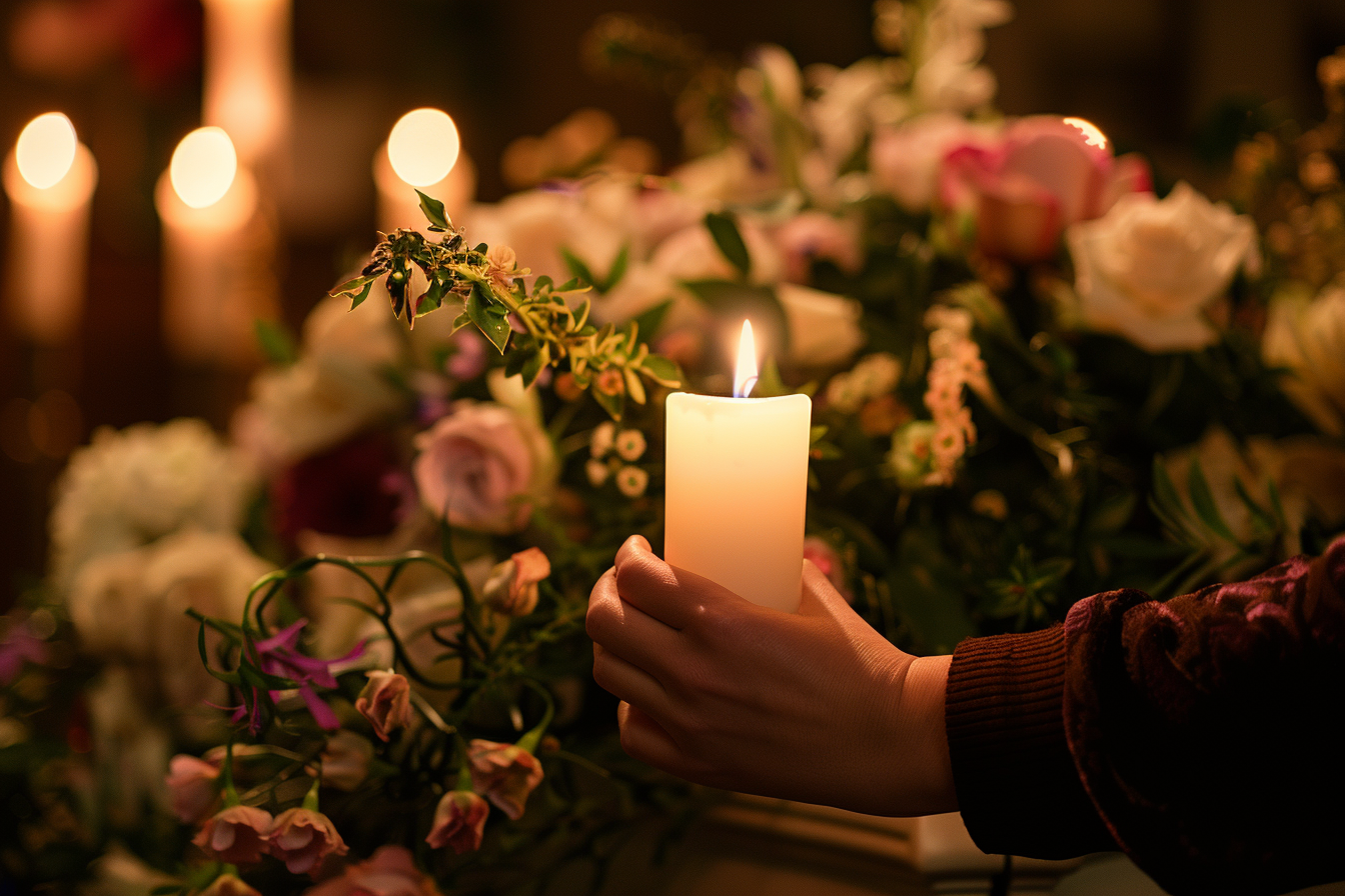 Image gratuite Main tenant une bougie allumée devant un cercueil fermé 3