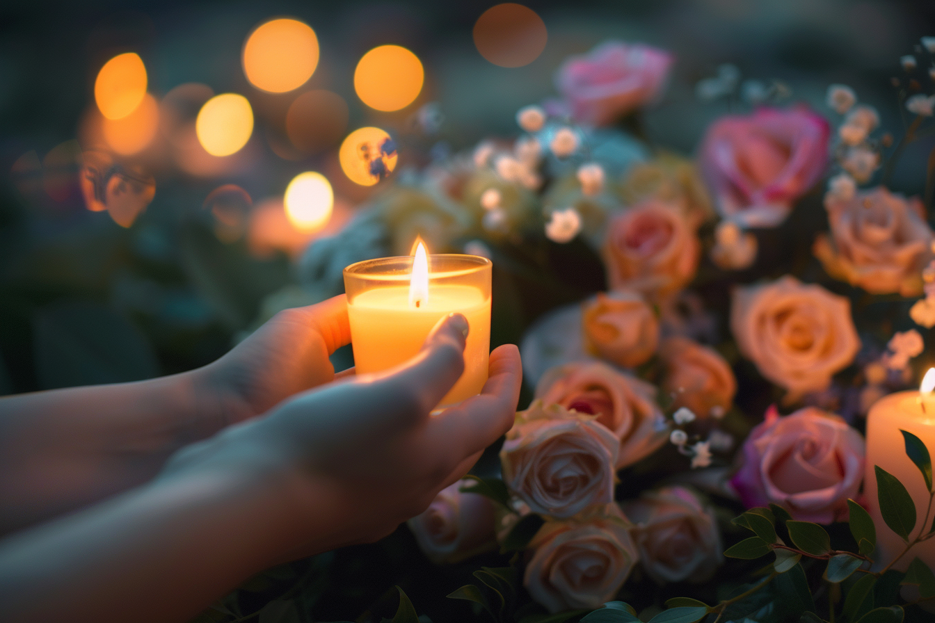 Image gratuite Main tenant une bougie allumée devant un cercueil fermé 4