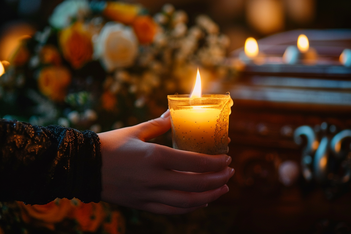 Image gratuite Main tenant une bougie devant un cercueil en bois 1