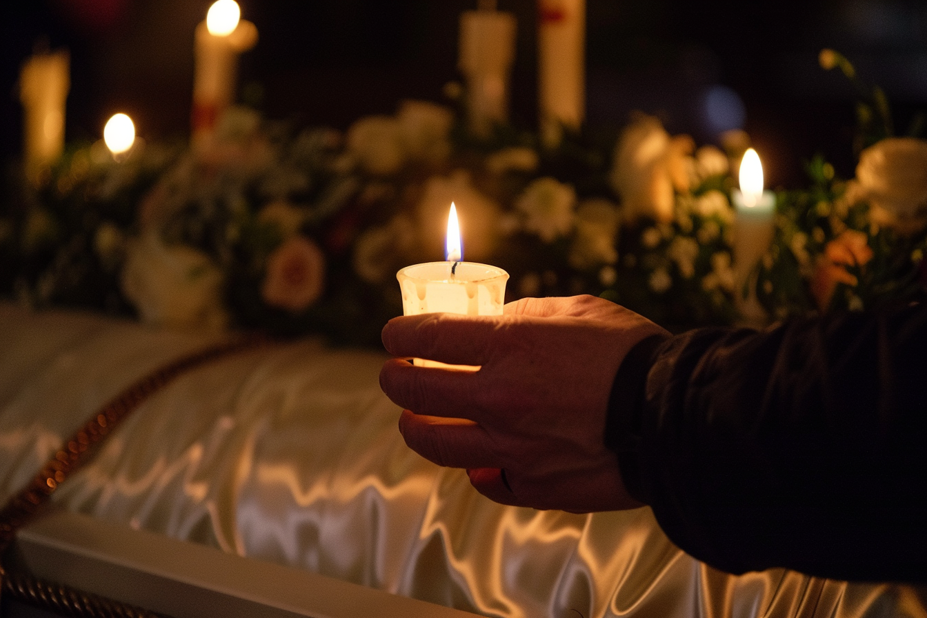 Image gratuite Main tenant une bougie devant un cercueil en satin blanc 1