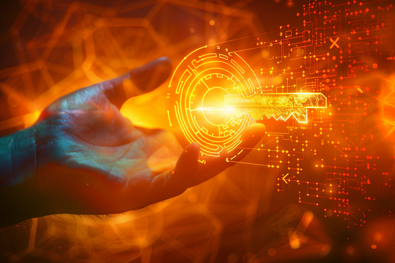 Image gratuite Main tenant une clé numérique futuriste 1