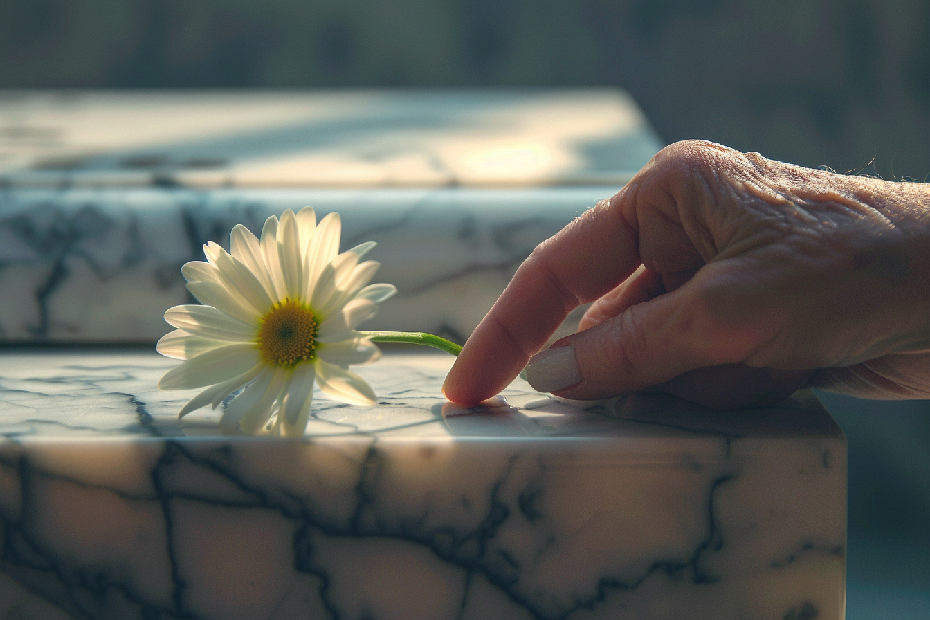 Image gratuite Main tenant une marguerite devant un cercueil en marbre 1