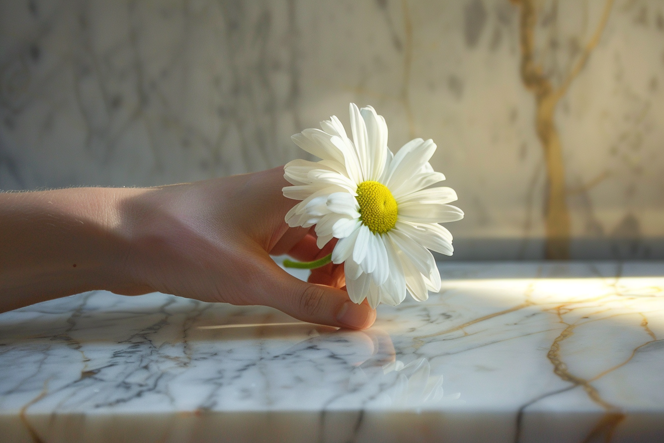 Image gratuite Main tenant une marguerite devant un cercueil en marbre 2