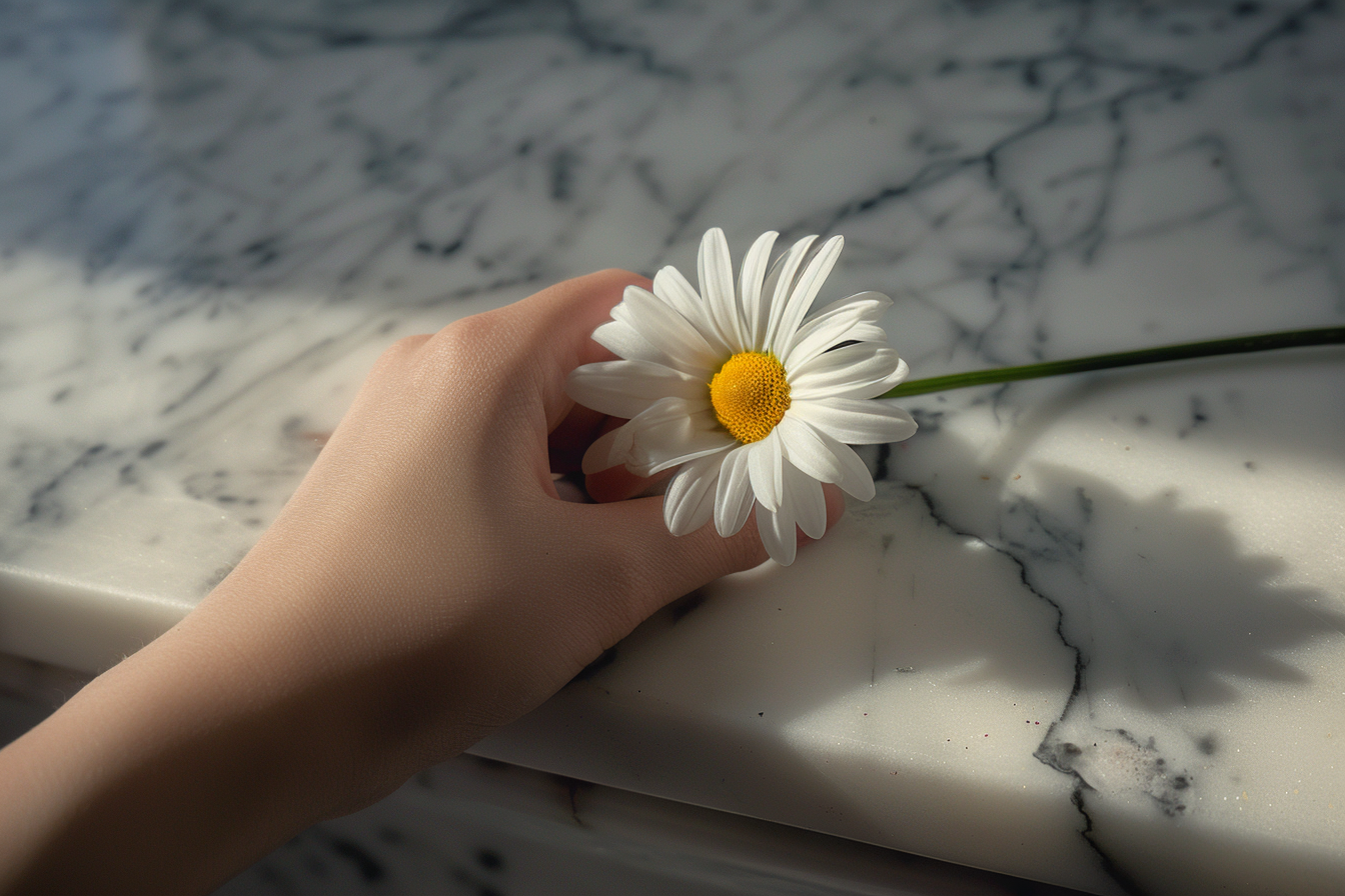 Image gratuite Main tenant une marguerite devant un cercueil en marbre 4