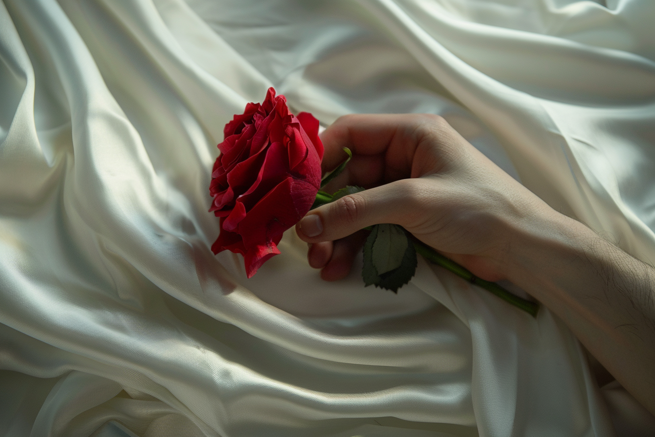 Image gratuite Main tenant une rose devant un cercueil 1