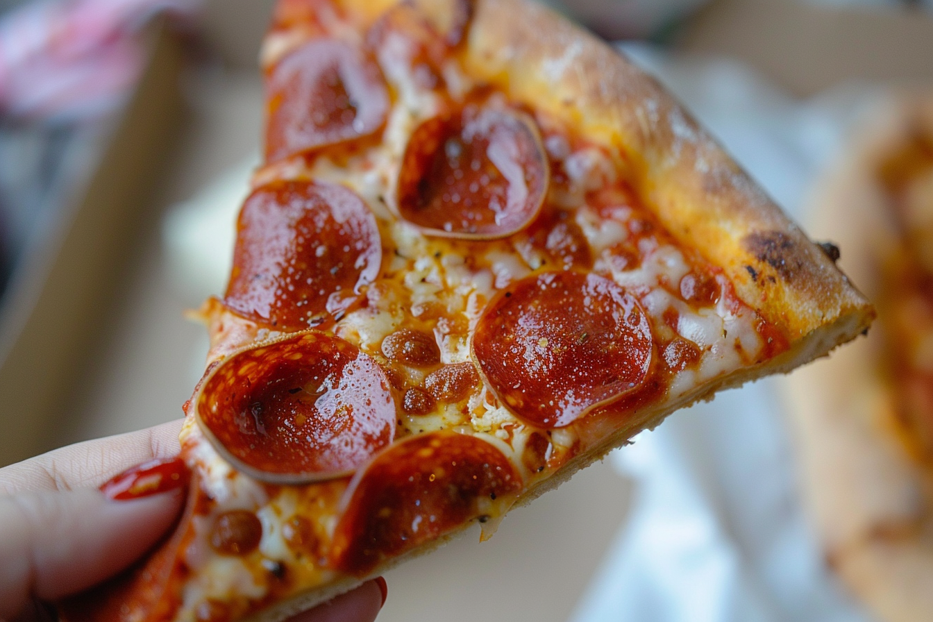 Image gratuite Main tenant une tranche de pizza pepperoni 1