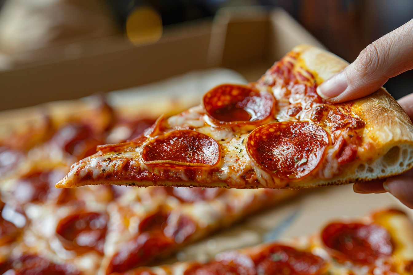 Image gratuite Main tenant une tranche de pizza pepperoni 3