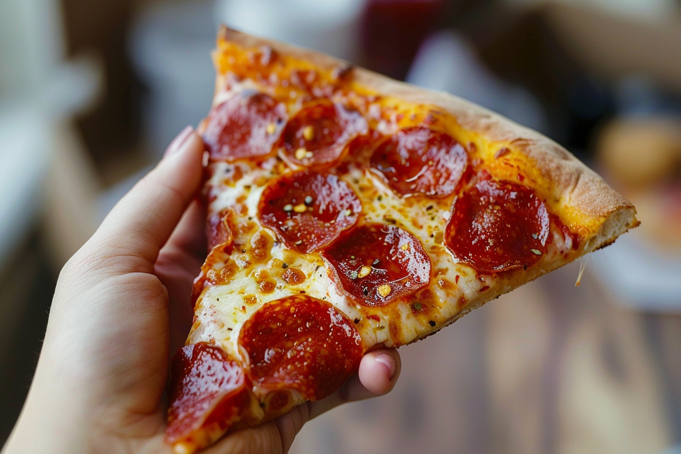 Image gratuite Main tenant une tranche de pizza pepperoni 4