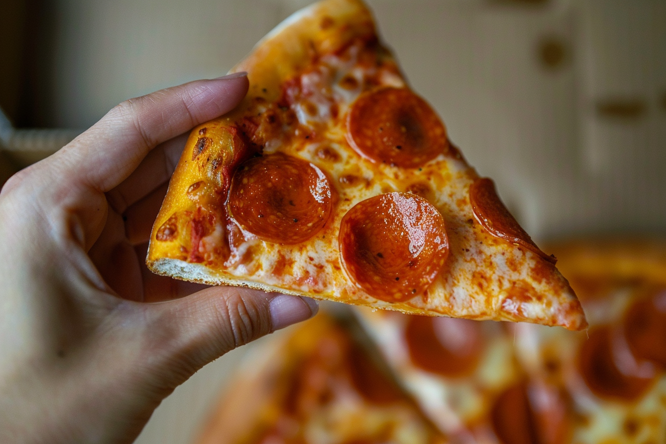 Image gratuite Main tenant une tranche de pizza pepperoni 5