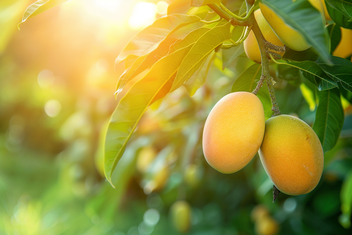 Image gratuite Mangue suspendue sur arbre dans verger ensoleillé 2