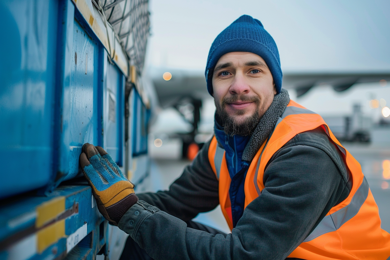 Image gratuite Manutentionnaire de fret, fond bleu 2