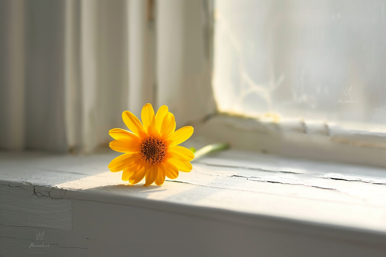 Image gratuite Marguerite jaune sur rebord de fenêtre blanc 1