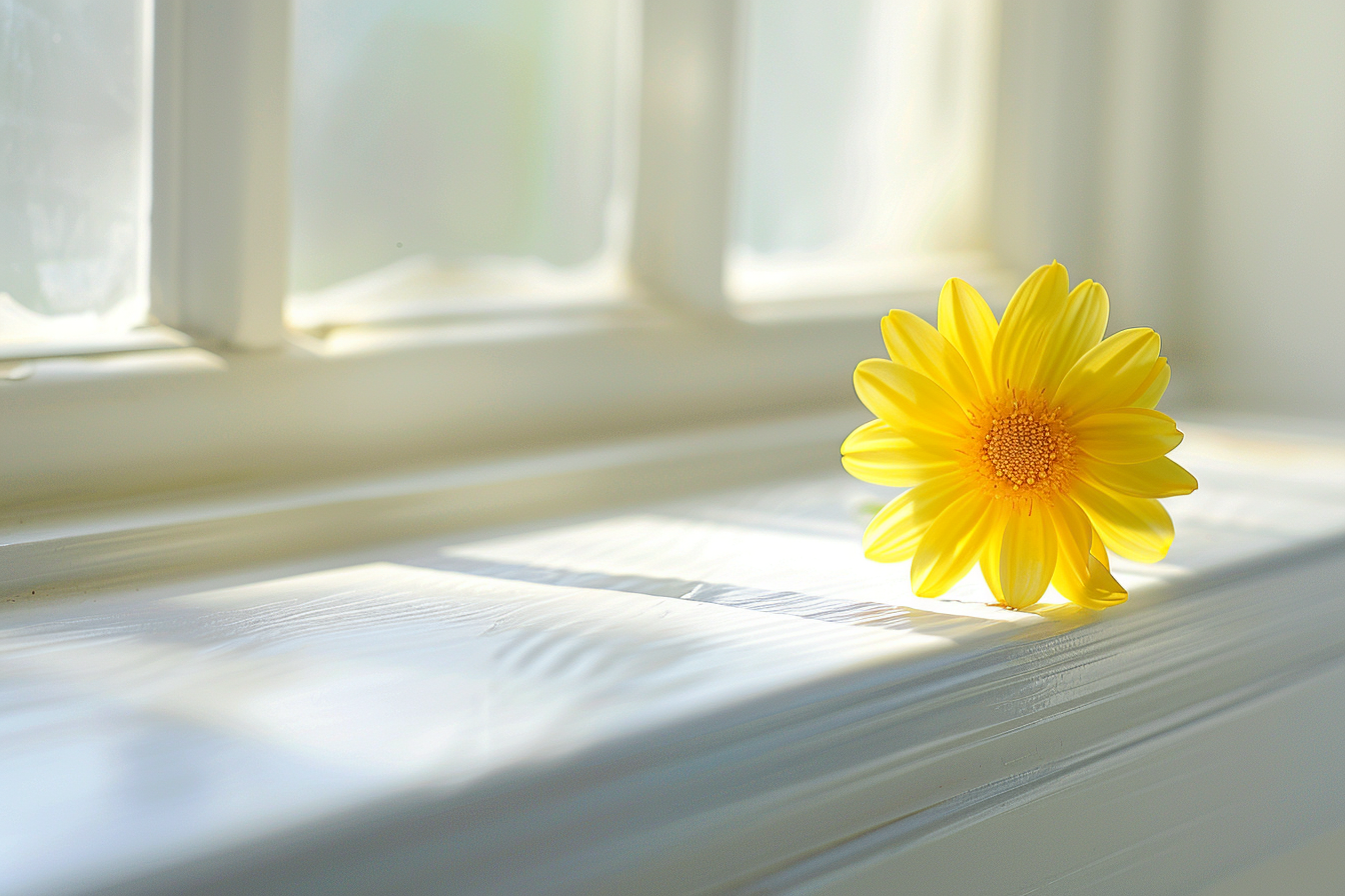 Image gratuite Marguerite jaune sur rebord de fenêtre blanc 2