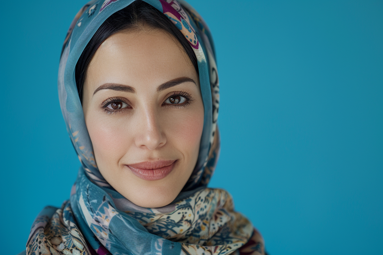 Image gratuite Mère arabe brune yeux noirs jour fête mères fond bleu 2