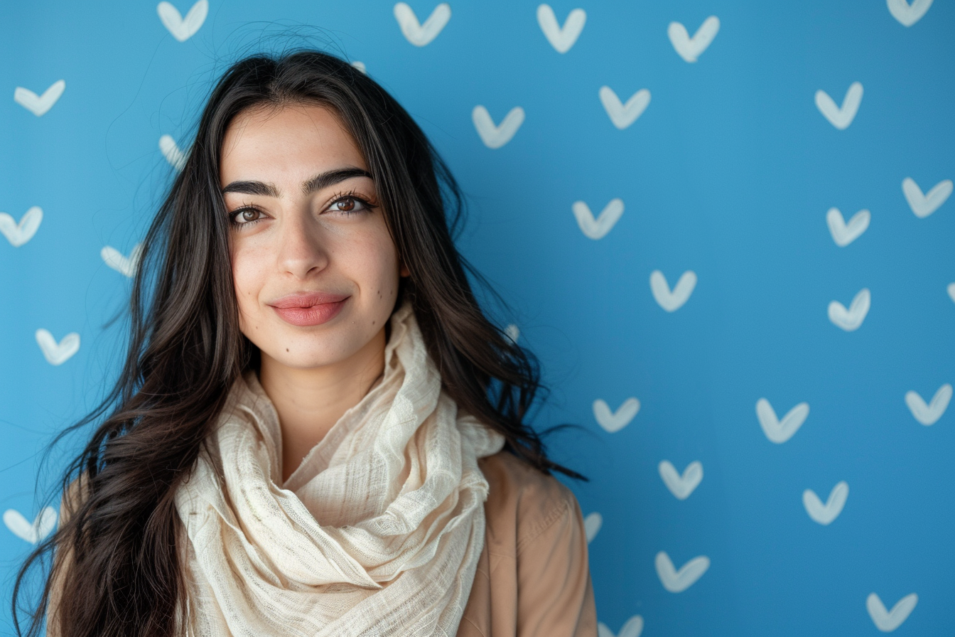 Image gratuite Mère arabe yeux noirs fête mères fond bleu 1