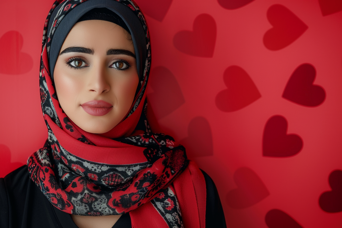 Image gratuite Mère arabe yeux noirs fête mères fond rouge 1