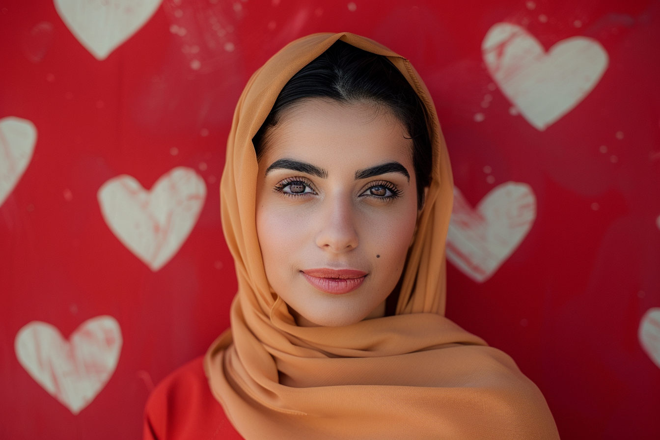 Image gratuite Mère arabe yeux noirs fête mères fond rouge 2