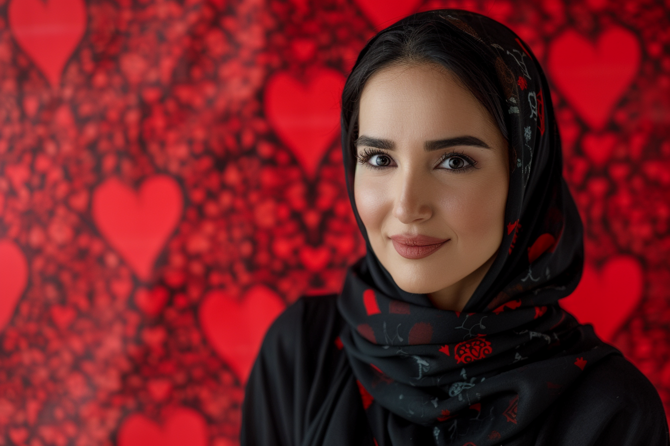 Image gratuite Mère arabe yeux noirs fête mères fond rouge 3