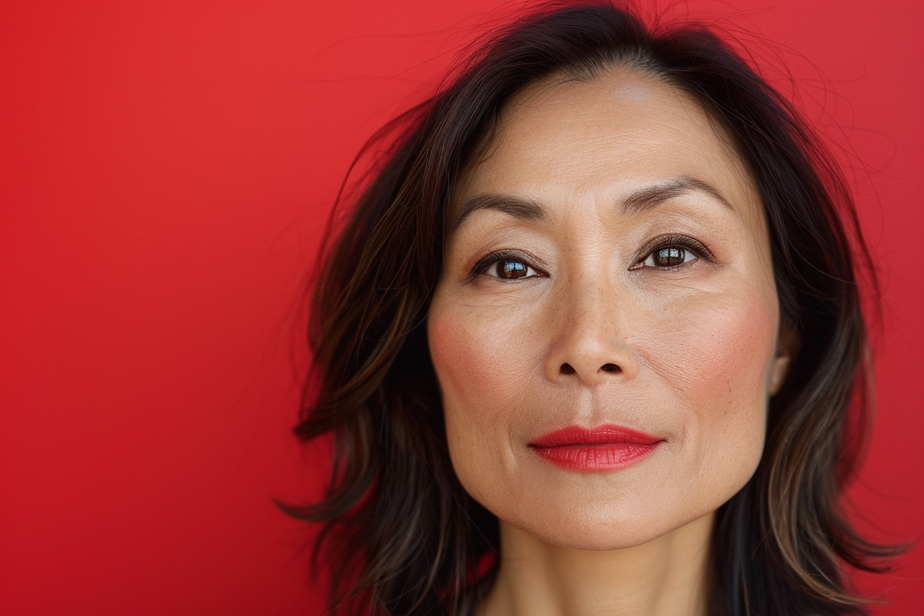 Image gratuite Mère asiatique brune yeux noirs jour fête mères fond rouge 1