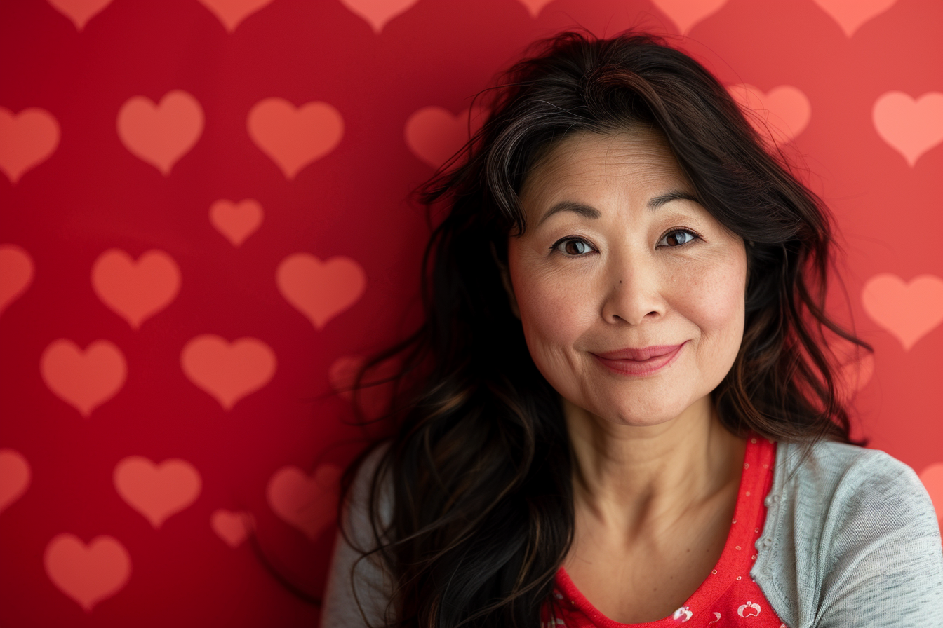 Image gratuite Mère asiatique yeux noirs fête mères fond rouge 1