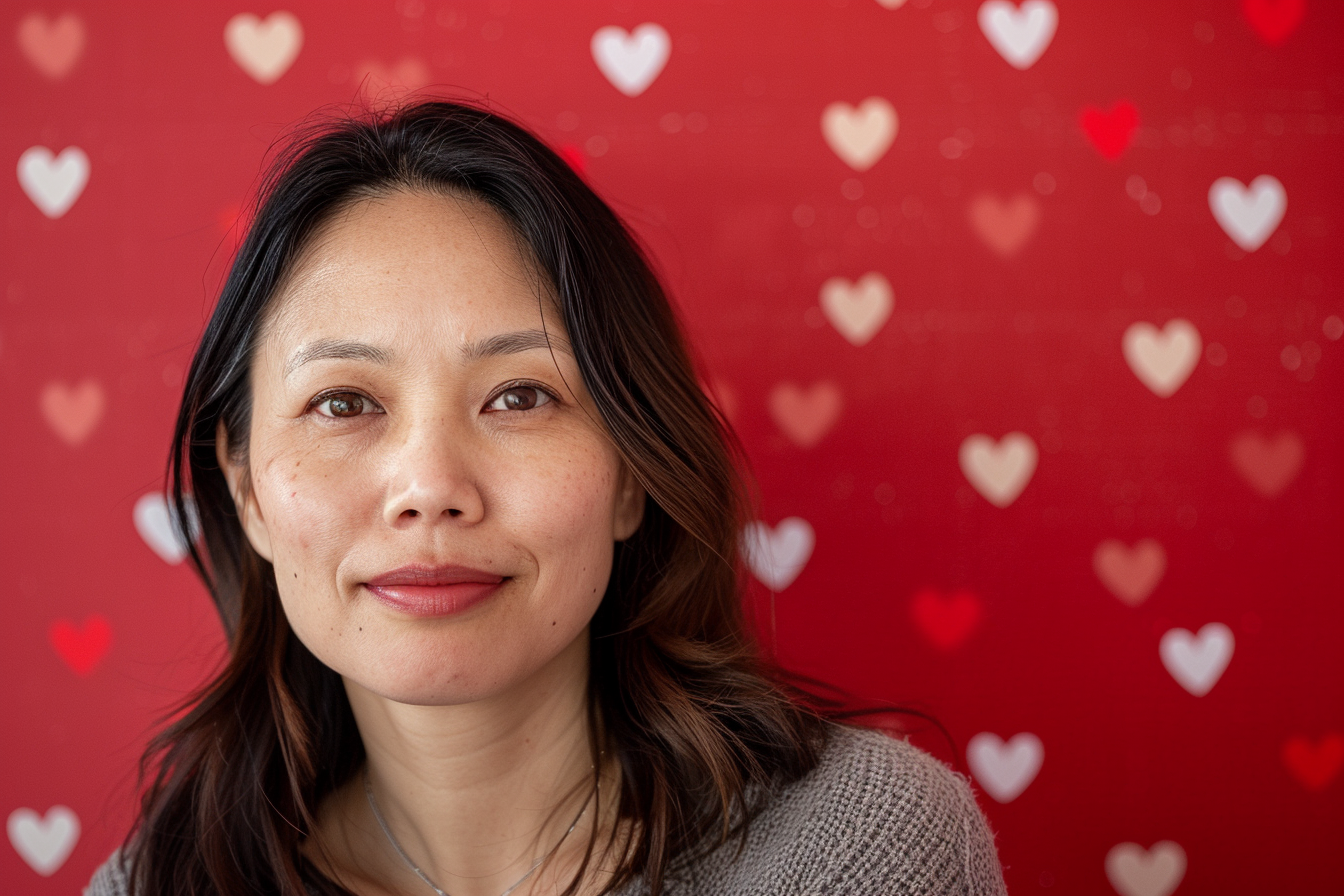 Image gratuite Mère asiatique yeux noirs fête mères fond rouge 2