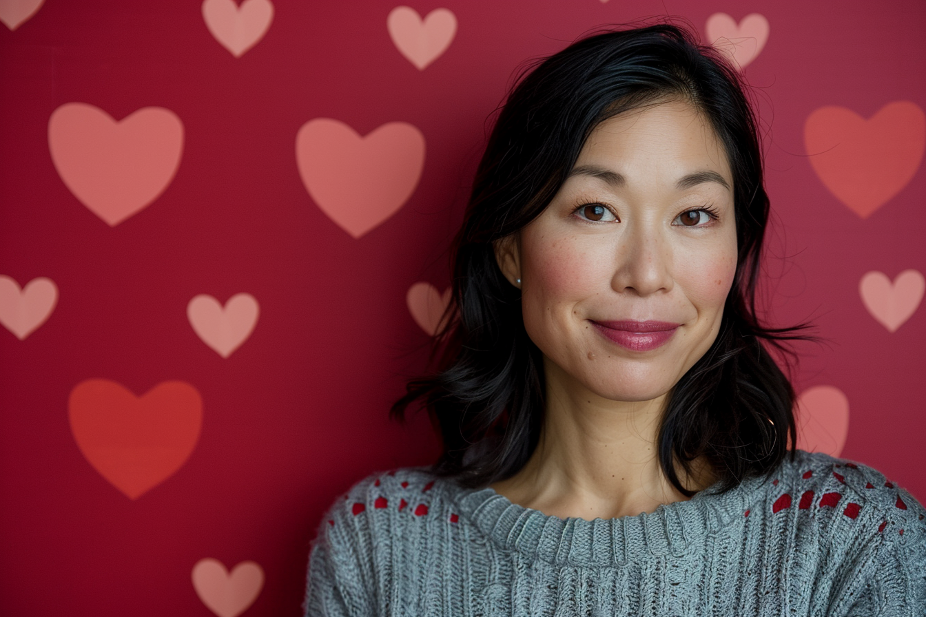 Image gratuite Mère asiatique yeux noirs fête mères fond rouge 3