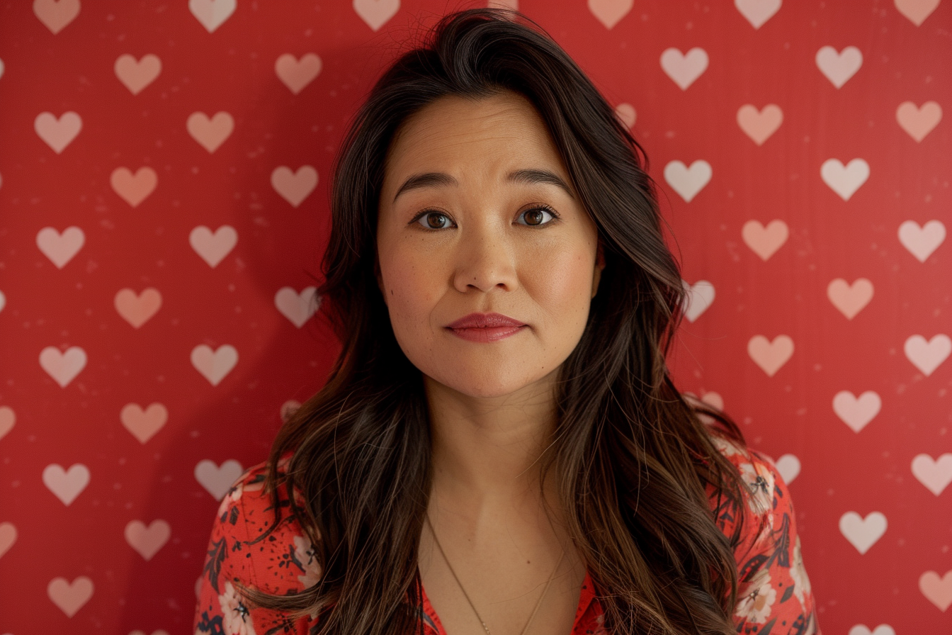 Image gratuite Mère asiatique yeux noirs fête mères fond rouge 4